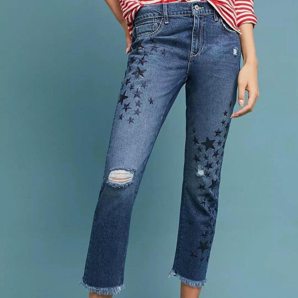 Anthro Pilcro Slim Boyfriend Star Sequined & Distressed Cropped Jeans - Size 28